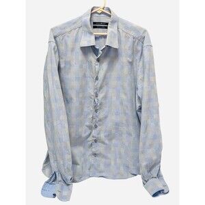 Hammer Made Men’s Button-Up Shirt XXL Italian Fabric Blue Check Textured Cotton